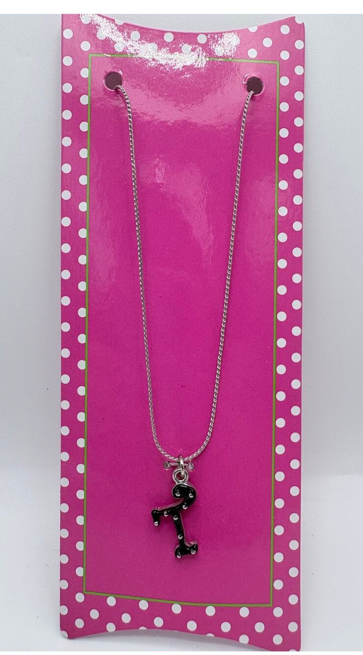 Initial “T” Pendant in Black with Silver Polka Dots on a Silver-tone Chain